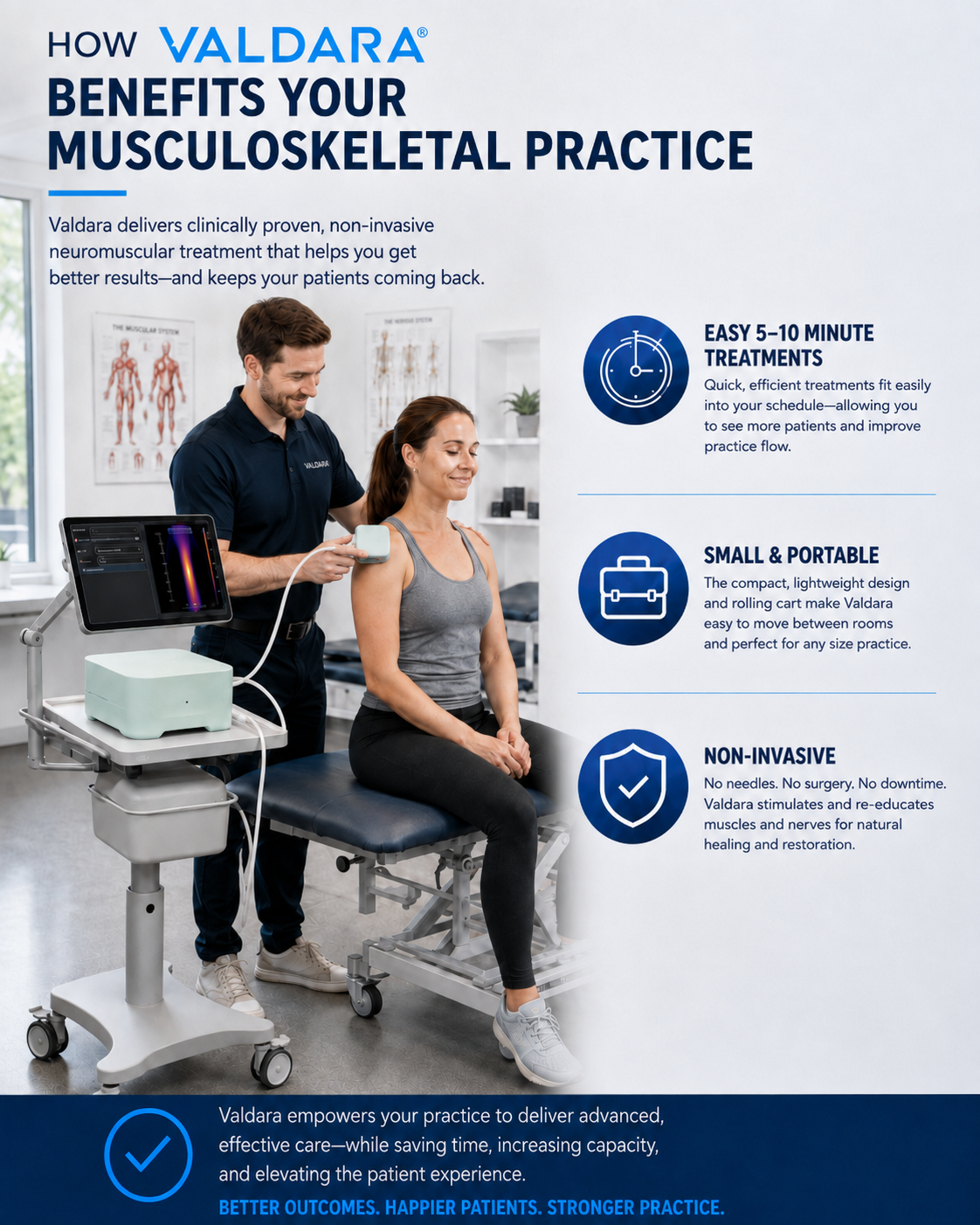 How Valdara benefits your musculoskeletal practice — easy 5–10 minute treatments, small and portable, non-invasive, painless, clinical results