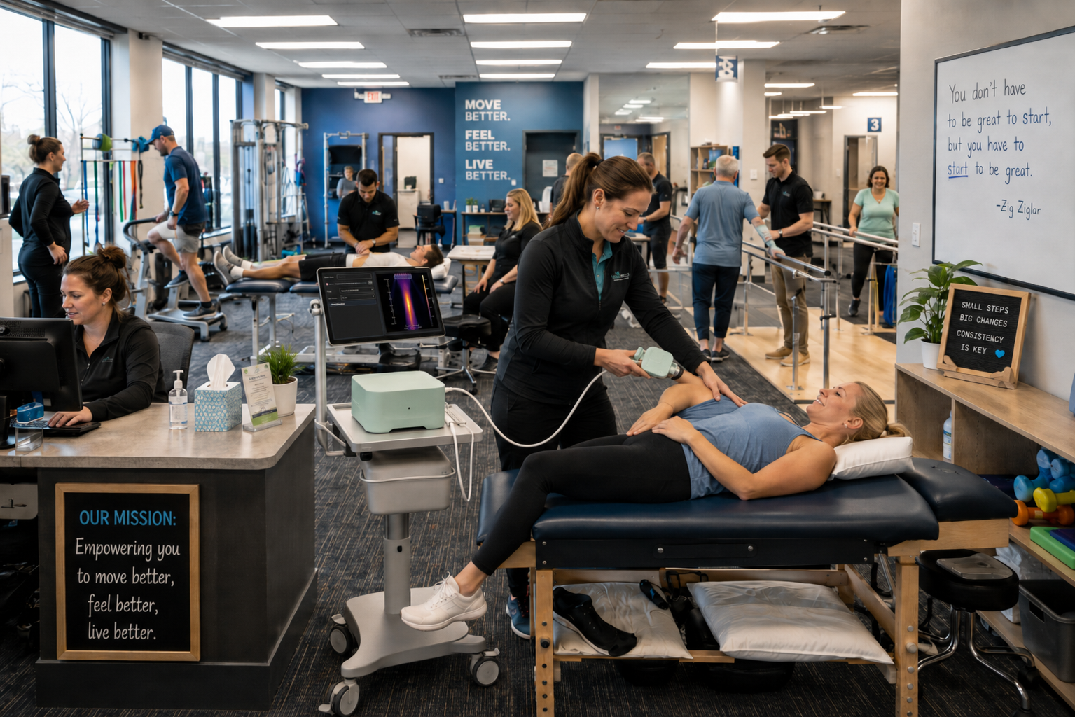 Physical therapist using the Valdara targeted ultrasound device on a patient in a busy PT clinic