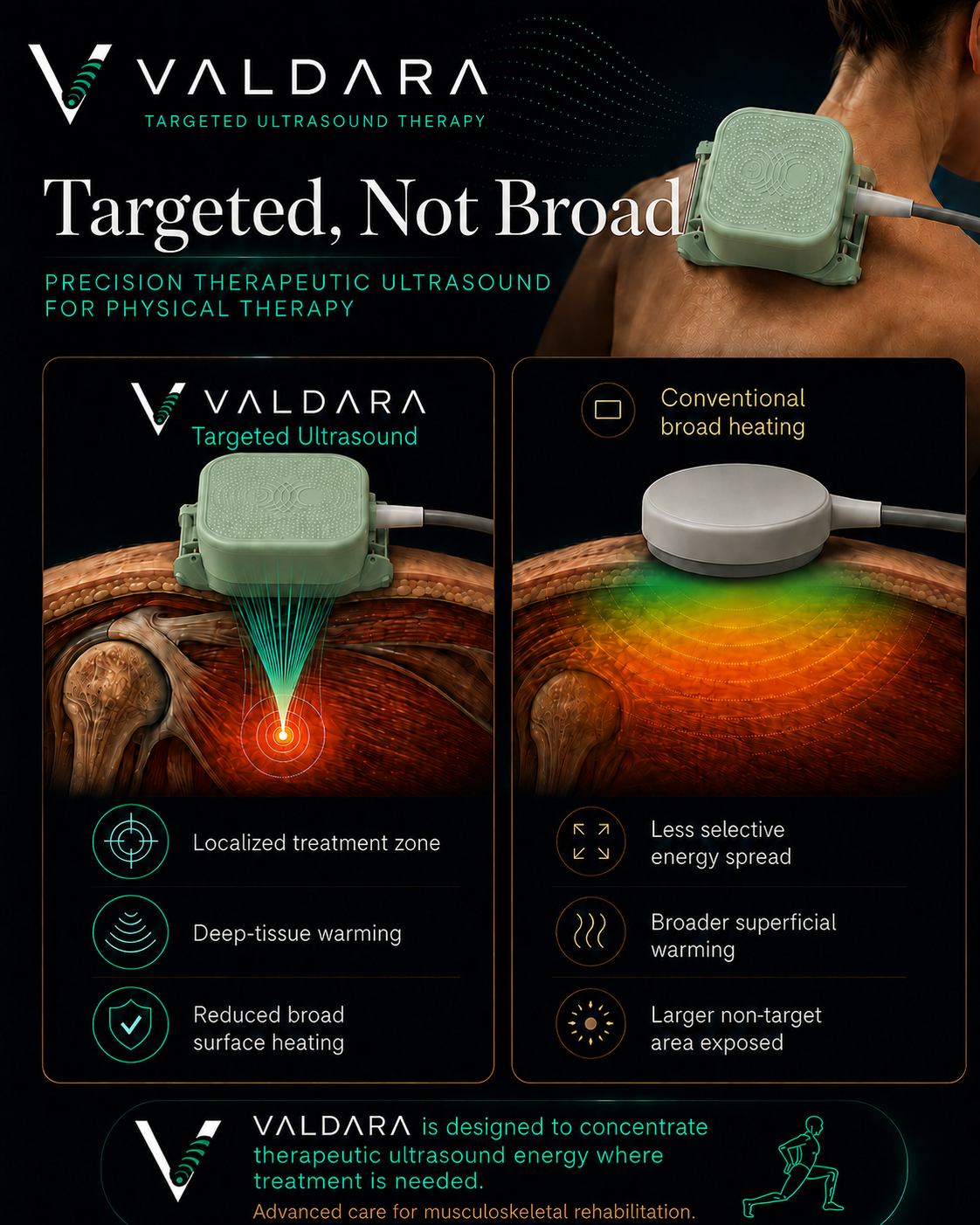 Valdara targeted ultrasound vs conventional broad heating — localized treatment zone, deep-tissue warming, reduced surface heating